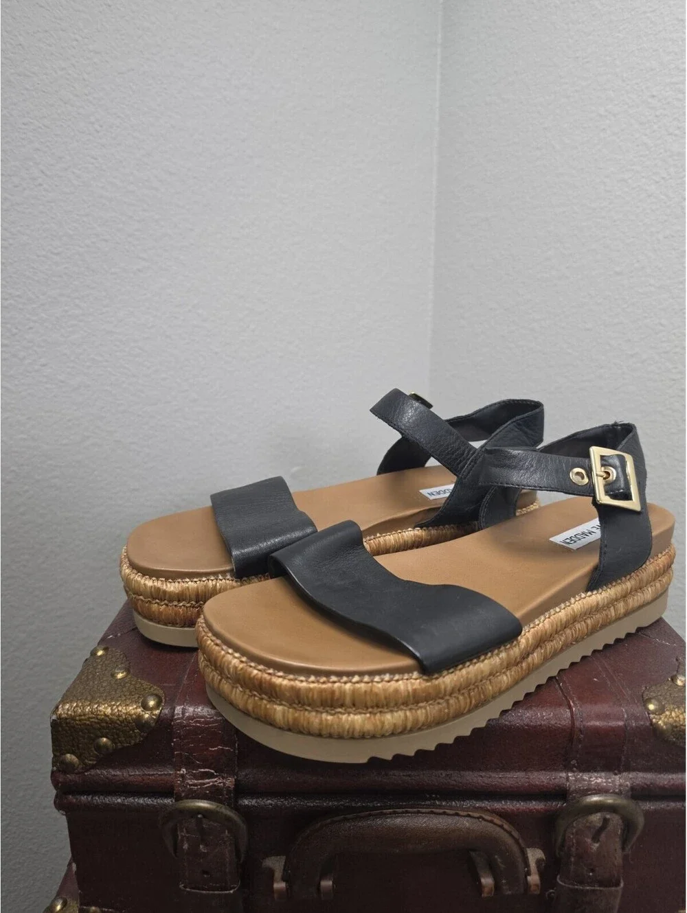 Steve Madan Womens Size 8 Strappy Sandal Black Leather Open Toe